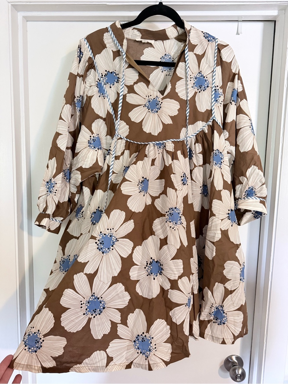 entro Brown Floral Dress with Cream and Blue Flowers